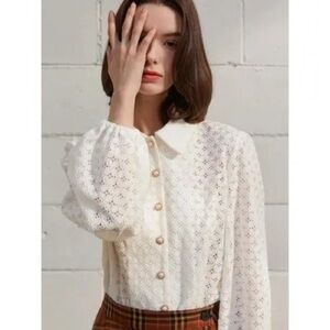 NWT! JOOR'TI Women's Ivory Collared Lace Blouse with Pearl Button Accents Size M